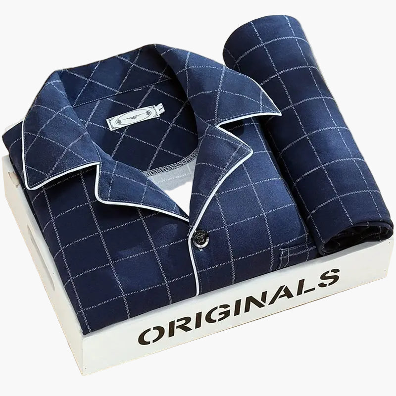 Elegant herre-pyjamas med fjerprint – Komfortabelt sæt til nat og afslapning