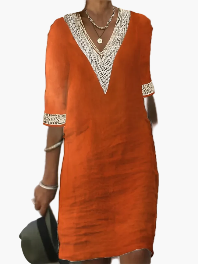 Zomerse jurk voor dames in chique bohemienstijl met V-hals en driekwartmouwen voor een ontspannen en elegante uitstraling
