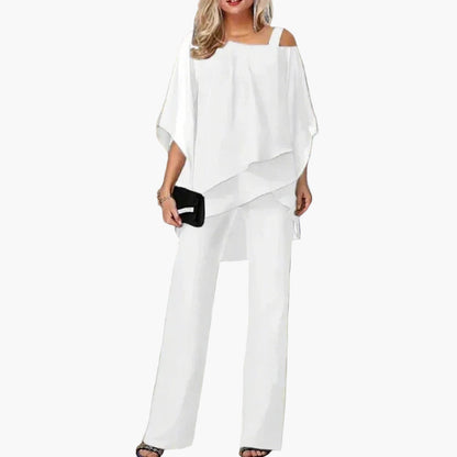 Ensemble Femme Élégant Décontracté Chic – Tenue Deux Pièces Haut Asymétrique et Pantalon Large pour Bureau et Sorties