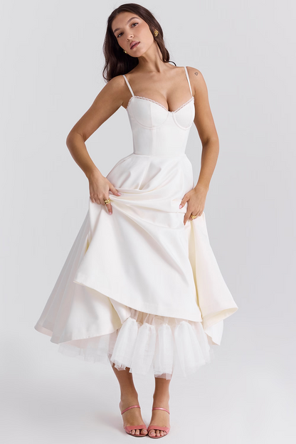 Robe de soirée élégante femme style princesse bustier jupe midi évasée