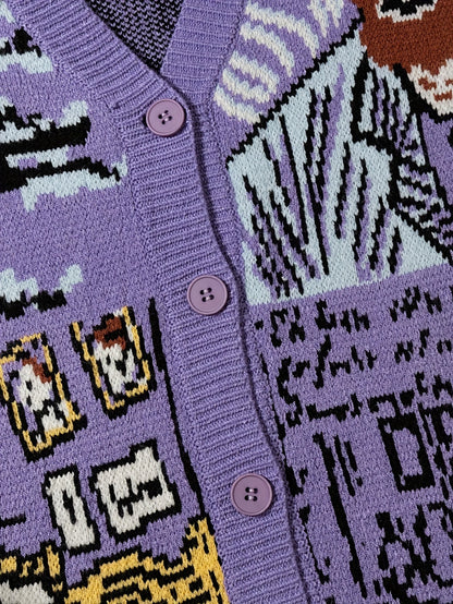 Herre afslappet cardigan i kunstnerisk stil med portræt- og landskabsmotiv