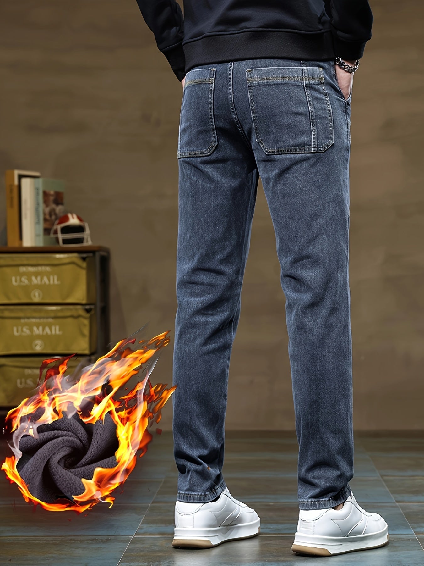 Jean Cargo Homme Hiver Doublé Polaire Coupe Droite Poches Multiples Couleur Unie