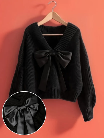 Pull en maille côtelée col V avec grand nœud décoratif pour femme