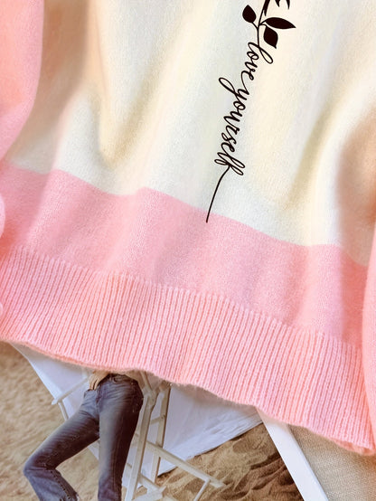 Sweat-shirt bicolore blanc rose imprimé rose rouge et texte col rond