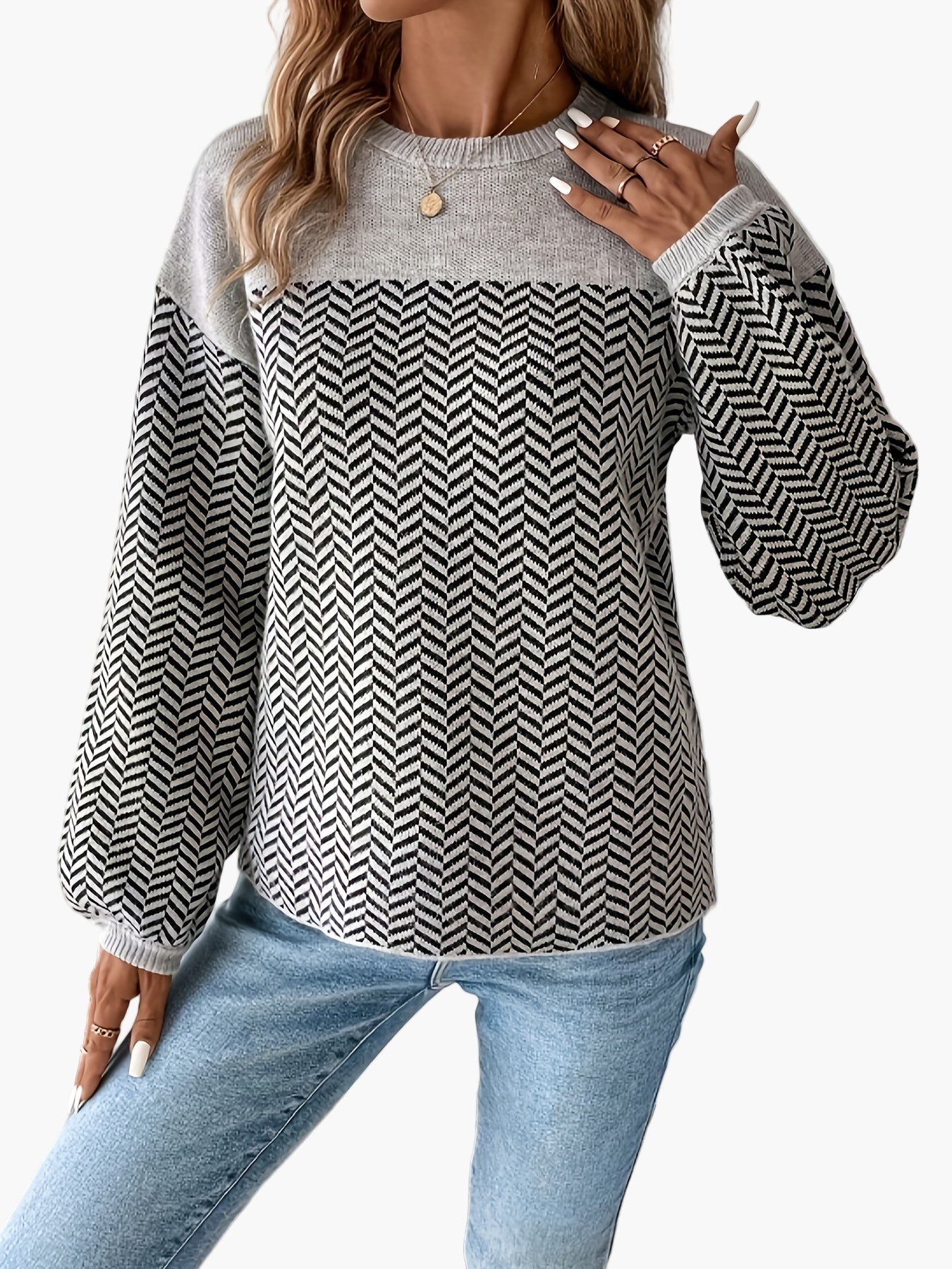 Maglione donna casual con motivo a spina di pesce maniche lunghe taglio regolare per autunno inverno