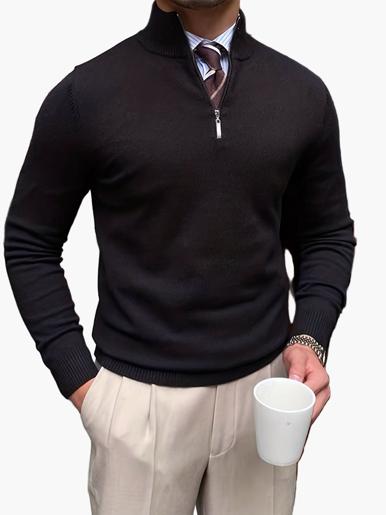 Pull homme col montant zippé style élégant pour affaires et loisirs
