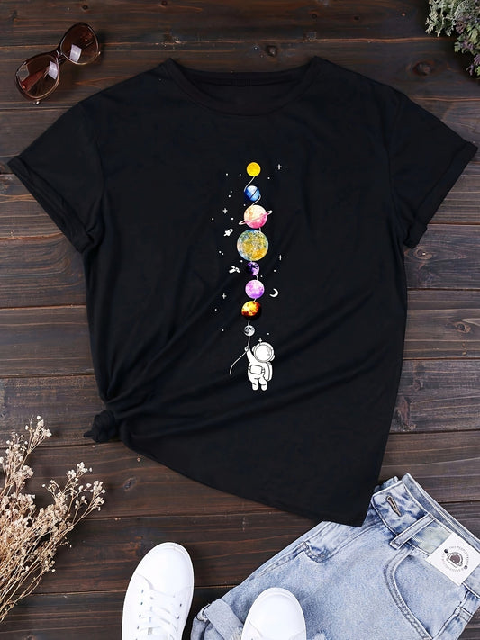T-shirt femme style décontracté motif astronaute et planètes, inspiration espace, idéal pour les passionnées de science et mode urbaine
