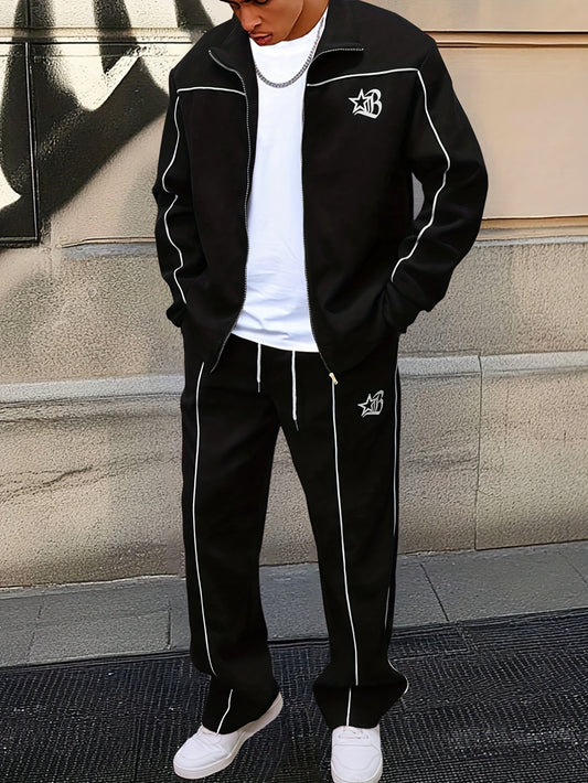 Ensemble de Survetement Homme Zip Complet à Rayures Contrastantes et Emblème Brodé