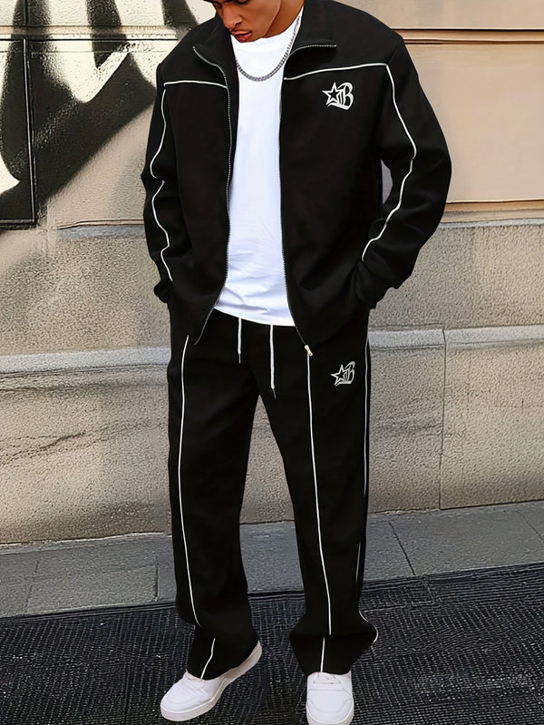 Ensemble de Survetement Homme Zip Complet à Rayures Contrastantes et Emblème Brodé
