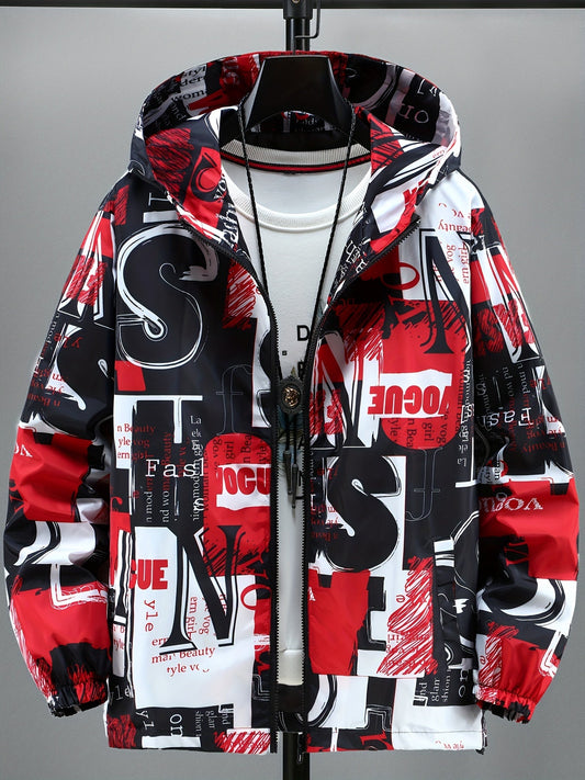 Blouson à Capuche Imprimé Graffiti Homme - Rouge, Noir et Blanc