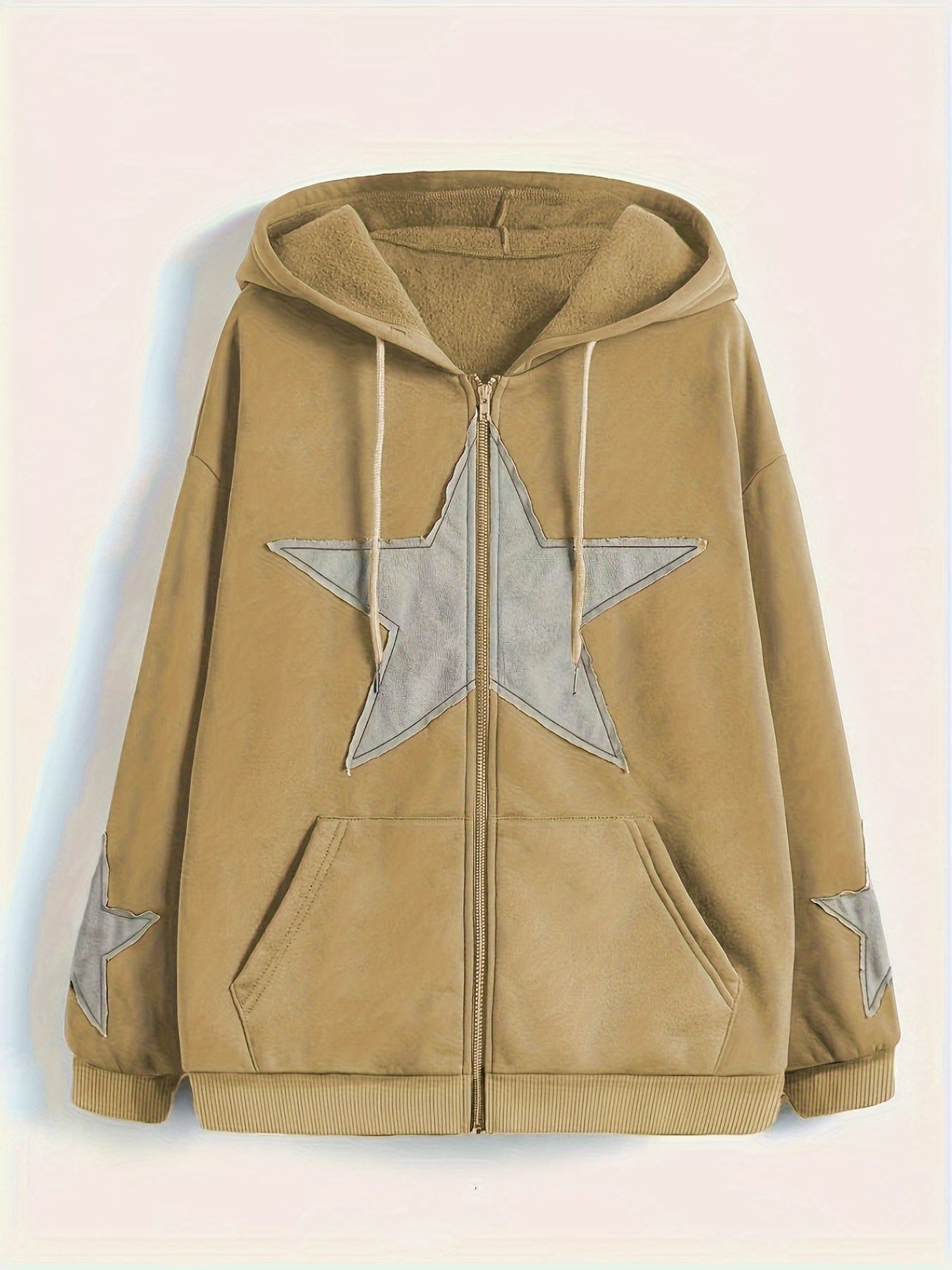 Sweat à capuche zippé marron avec motif étoile gris délavé