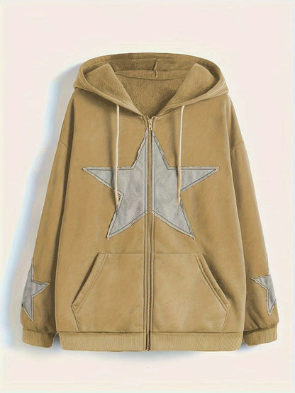 Sweat à capuche zippé marron avec motif étoile gris délavé