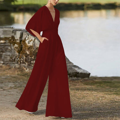 Sara – Salopette Donna Scollo a V Vita Alta Gambe Larghe