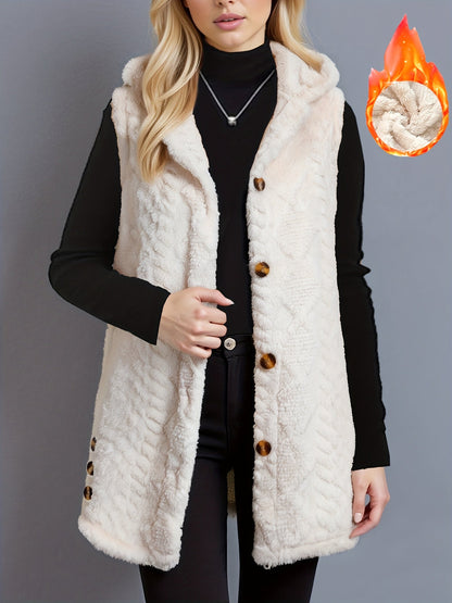 Gilet sans manches à capuche doux texture chevronné couleur crème
