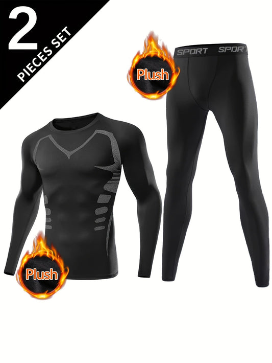 Ensemble Sport Homme 2 Pièces Noir Manches Longues et Pantalon de Compression avec Détails Graphiques