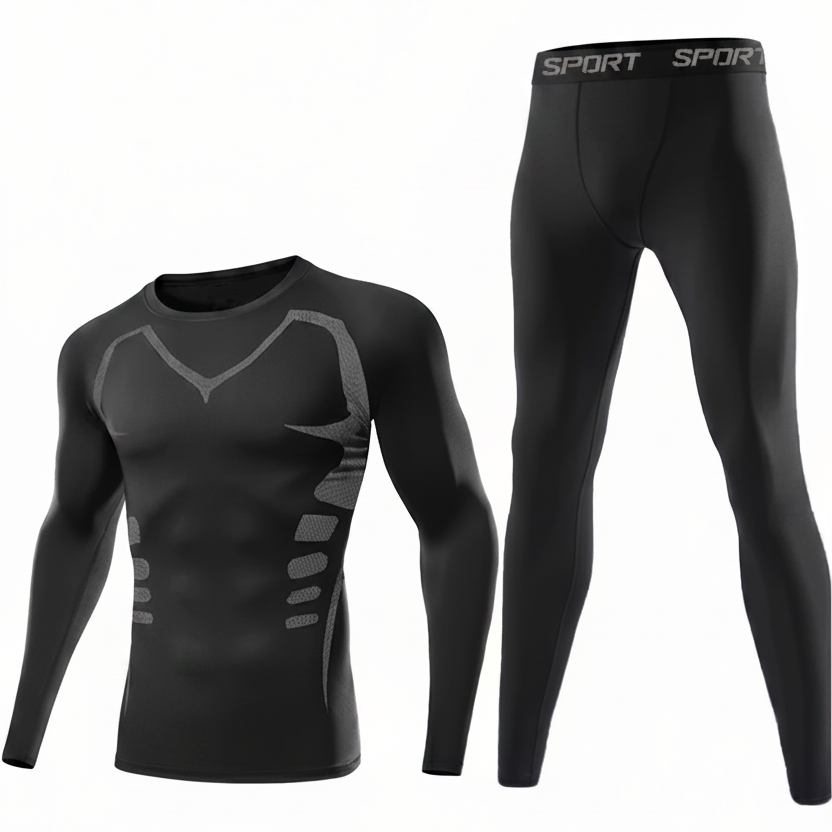 Ensemble Sport Homme 2 Pièces Noir Manches Longues et Pantalon de Compression avec Détails Graphiques