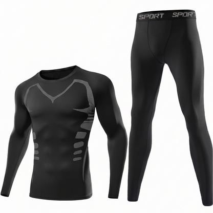 Ensemble Sport Homme 2 Pièces Noir Manches Longues et Pantalon de Compression avec Détails Graphiques