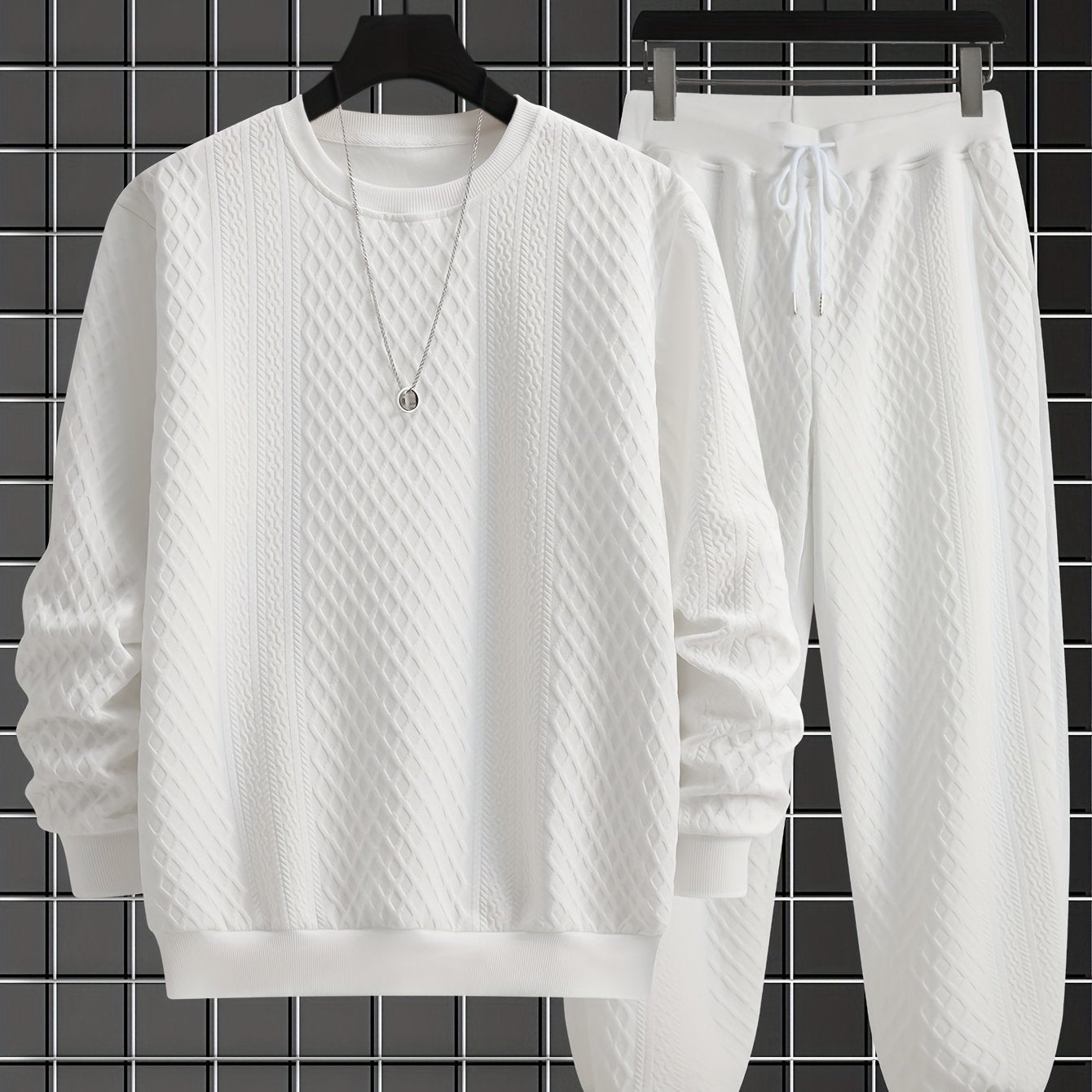 Ensemble Homme Pull Col Rond et Pantalon Jogging Tissé Motif Losanges