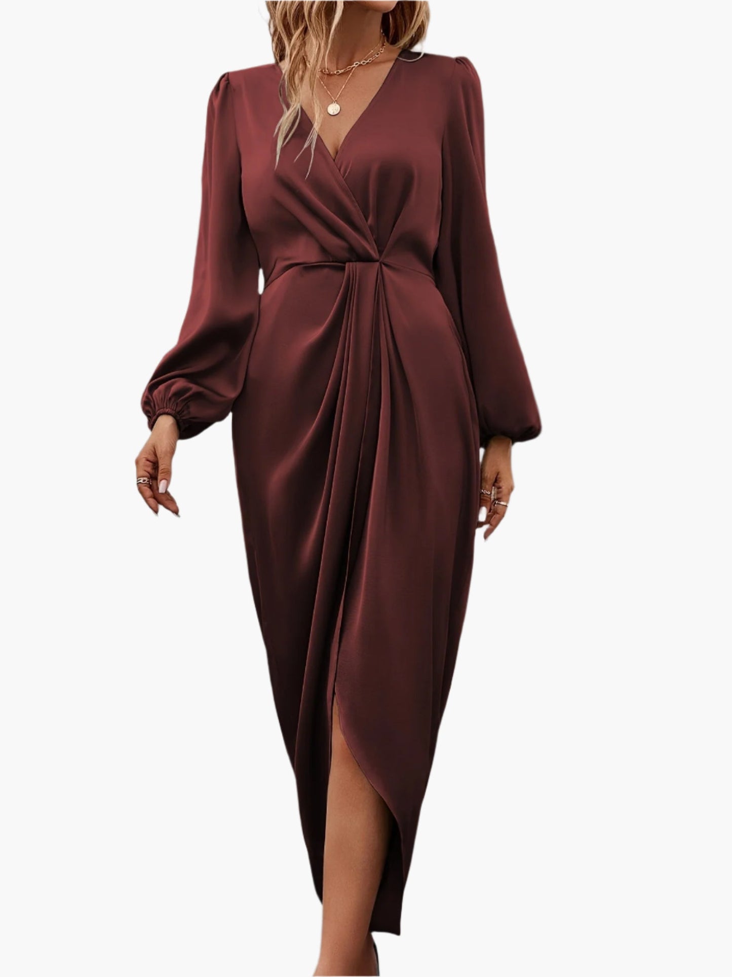Elegant aftenkjole med slå-om design til kvinder, chic draperet stil til festlige lejligheder