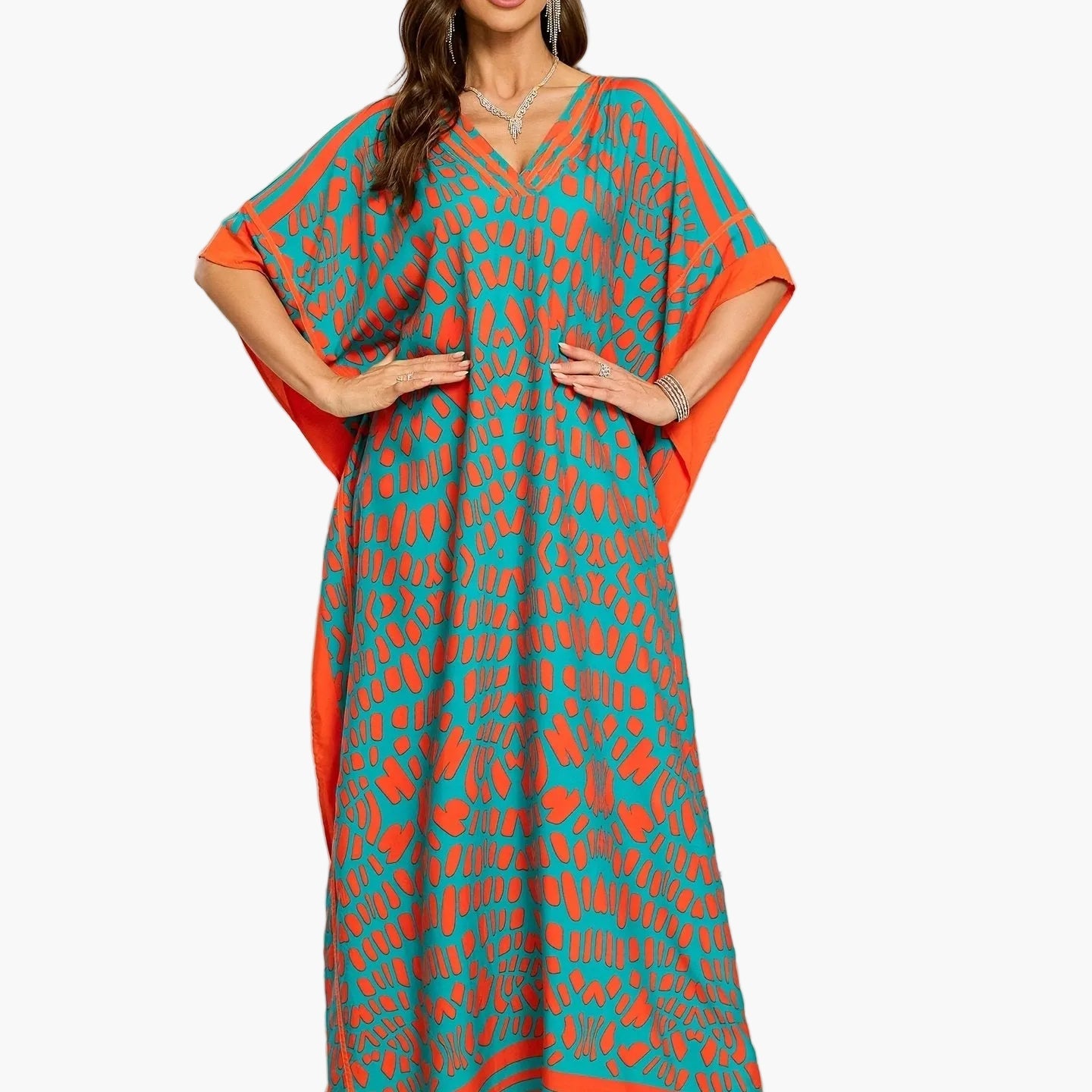 Robe longue bohème femme à imprimé graphique, col V, style décontracté chic