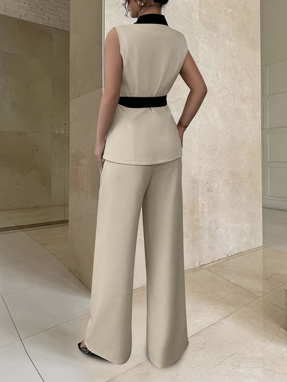 Ensemble pantalon tailleur sans manches style chic pour femme – Costume élégant de bureau ou sortie
