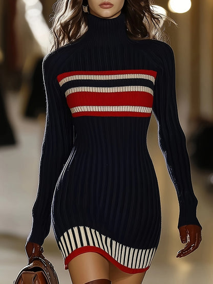 Robe côtelée moulante femme bleue marine à col roulé rayures rouge et blanc