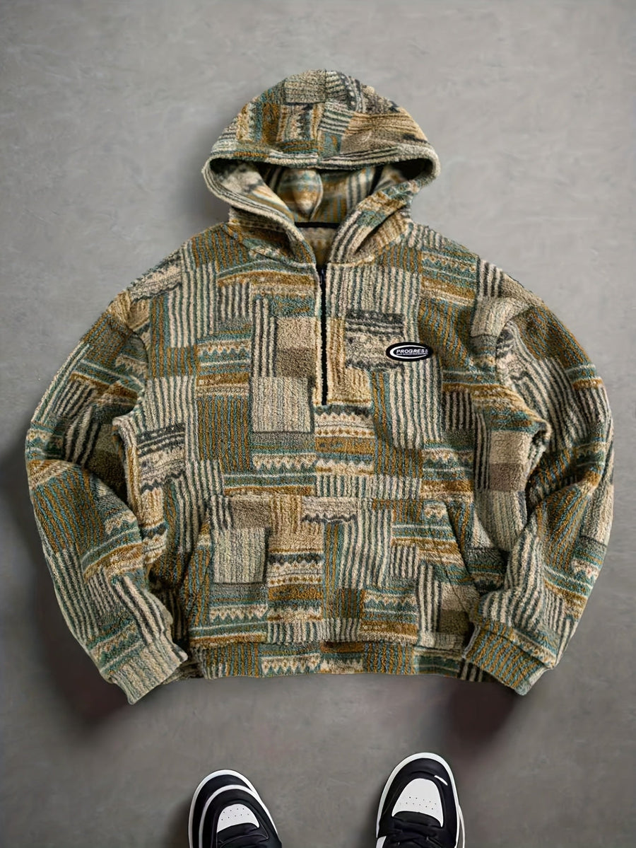 Sweat à Capuche Homme Motif Patchwork Imprimé Ethnique Demi-Zip Polaire Hiver