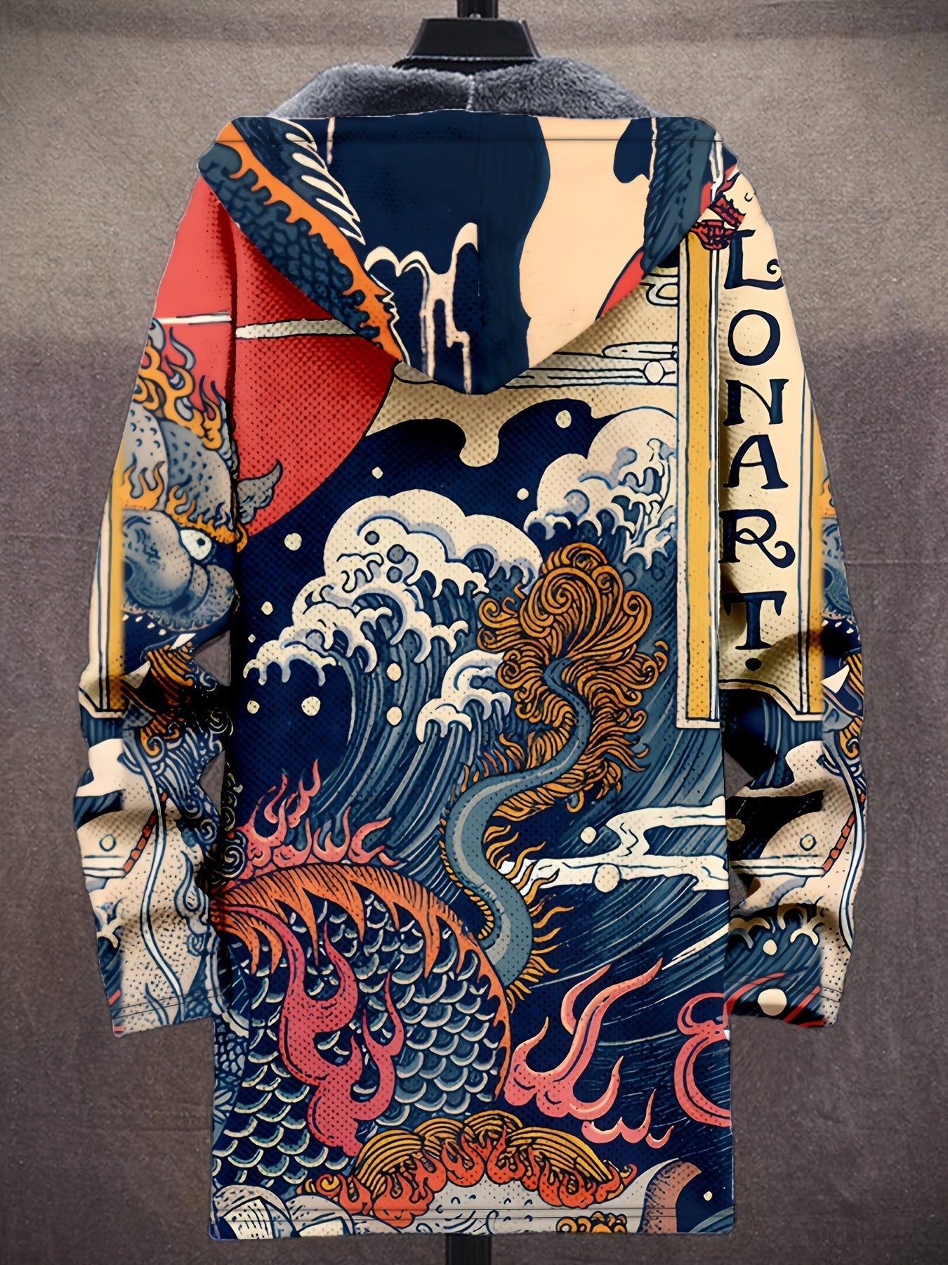 Manteau à capuche doublé en polaire imprimé fantaisie pour homme, fermeture éclair, motif vagues ou animaux