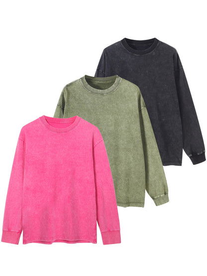 Sweat-shirt unisex lavé col rond décontracté à manches longues effet délavé