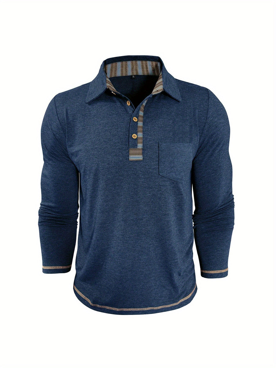 Polo für Herren mit langen Ärmeln, ethnischen Details und Knöpfen, Beige