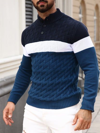 Pull homme tricoté à col montant boutonné rayé