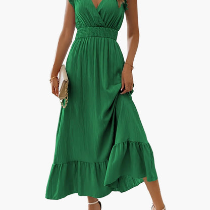 Abito lungo elegante da donna stile vacanze con maniche volant e vita arricciata