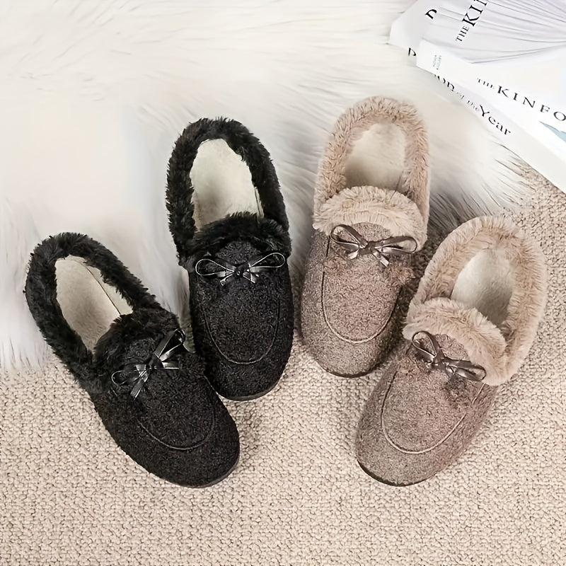Mocassins Femme Doux et Chauds Noirs avec Nœuds Décoratifs