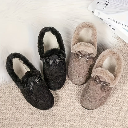 Mocassins Femme Doux et Chauds Noirs avec Nœuds Décoratifs