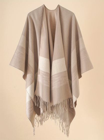 Women's Fringe Trim Open Front Poncho Cape