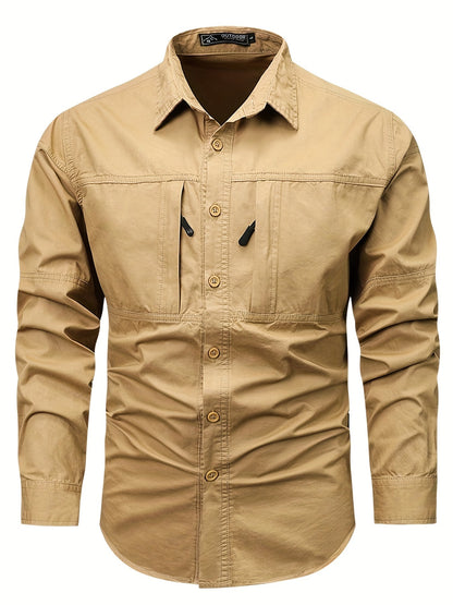 Chemise Homme Boutonnée Manches Longues à Poches Zippées Style Cargo Militaire