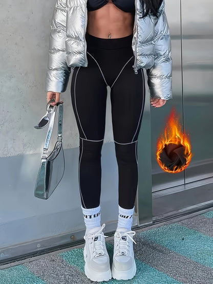Legging Femme Noir à Coutures Contrastantes Taille Haute