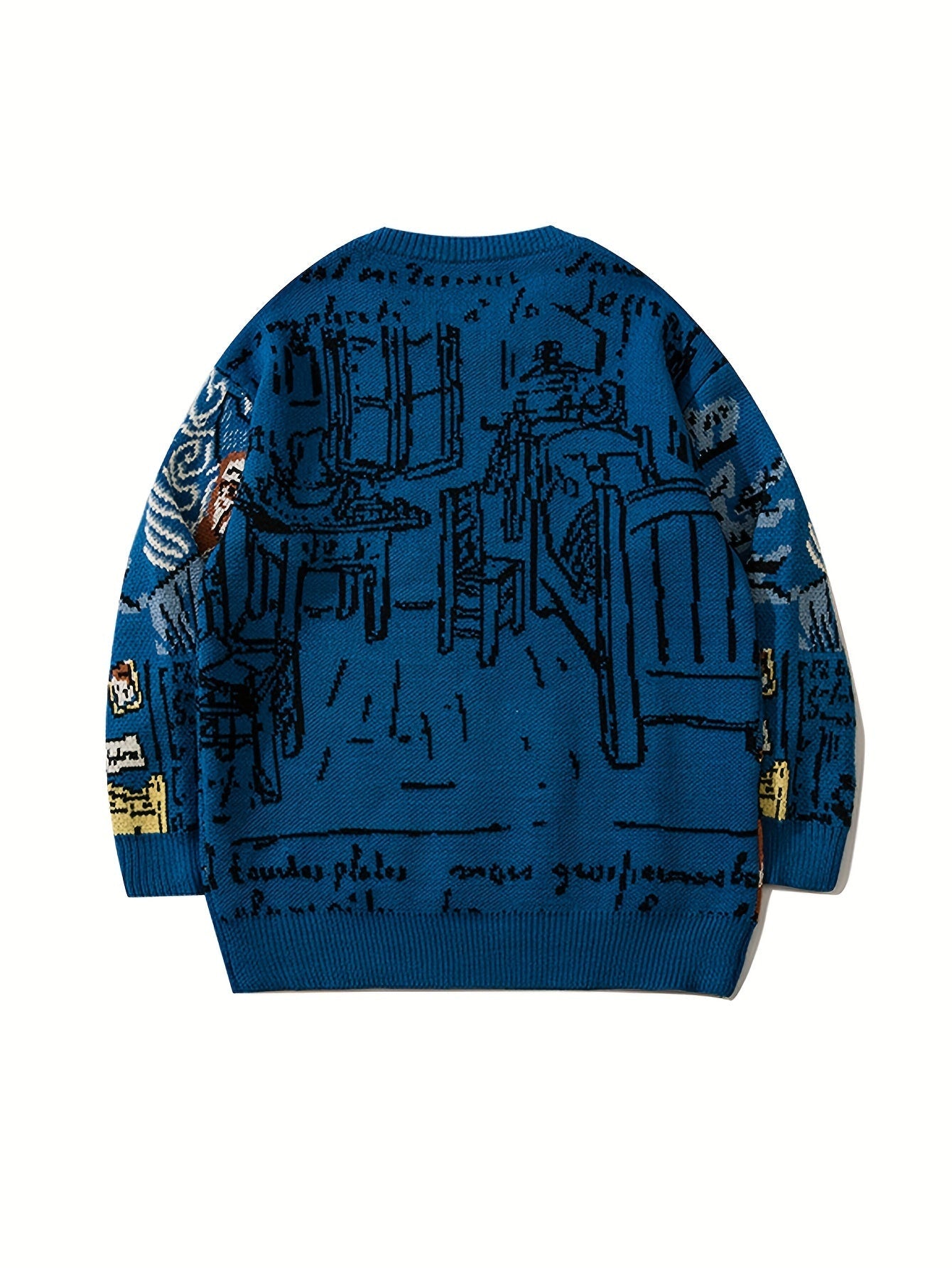 Pull en maille unisexe à motif artistique de portrait et chambre, col rond bleu