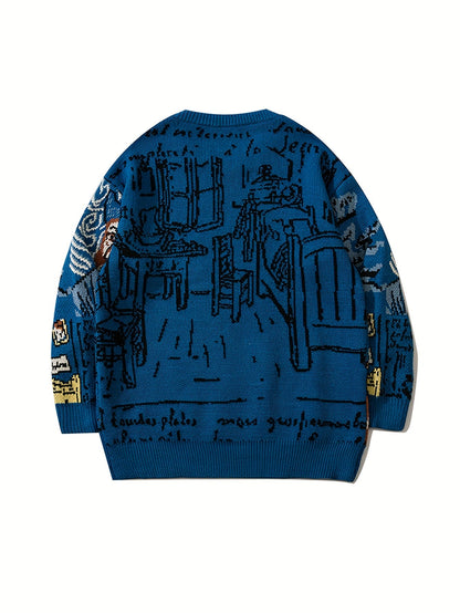 Pull en maille unisexe à motif artistique de portrait et chambre, col rond bleu