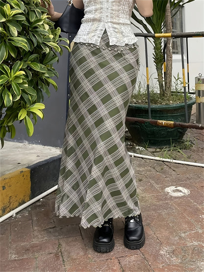 Jupe longue à carreaux géométriques style élégant pour femme