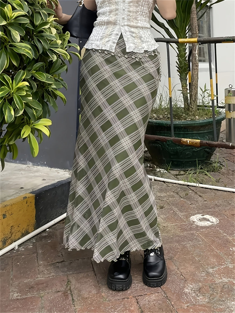 Jupe longue à carreaux géométriques style élégant pour femme