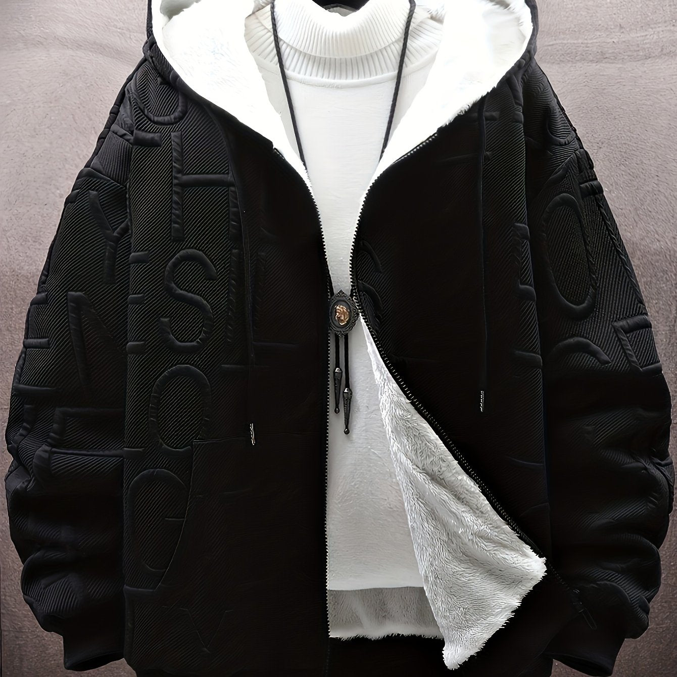 Veste à capuche doublée polaire Homme Noir motif texturé zippée
