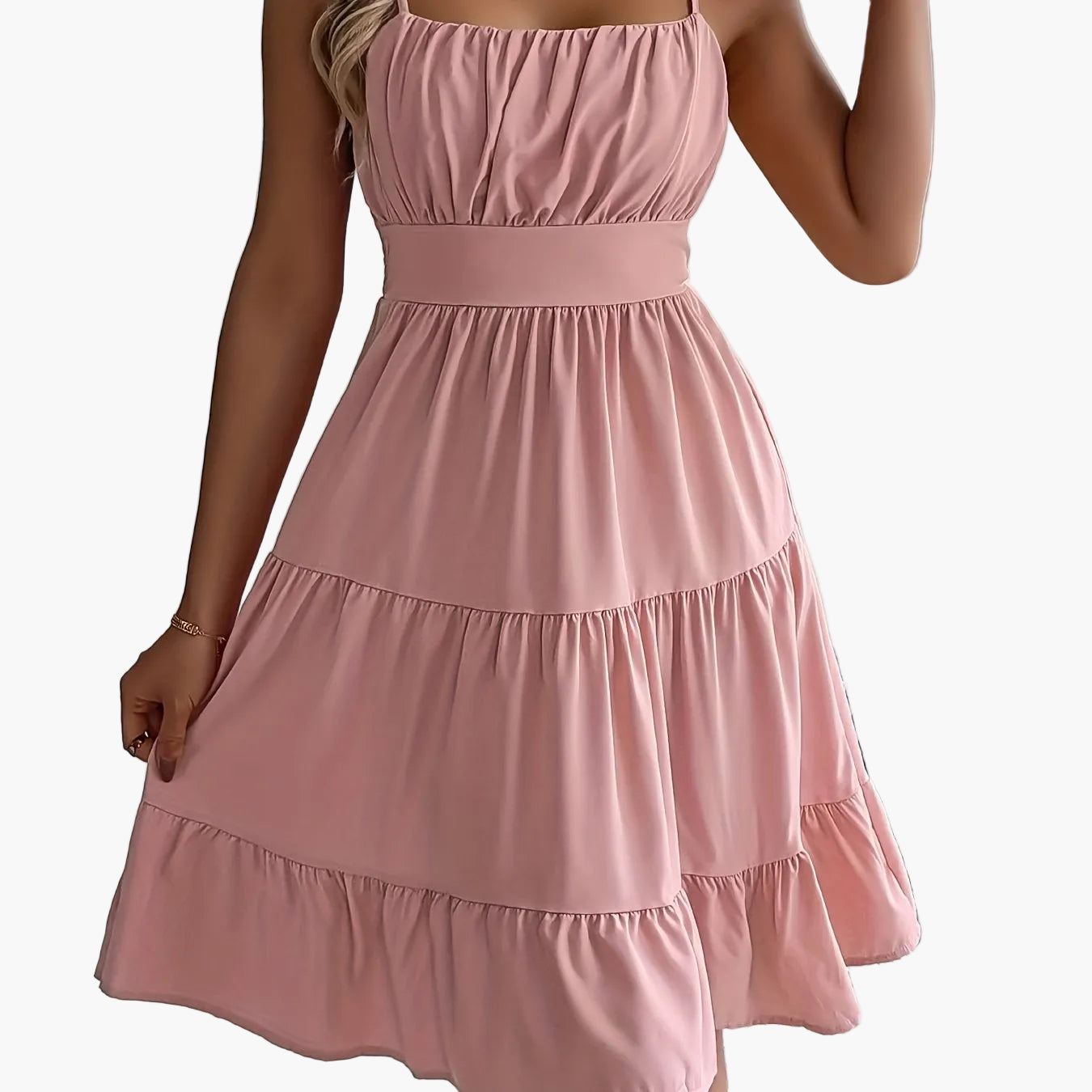 Robe d'été femme style décontracté à bretelles fines, volants, allure vacances