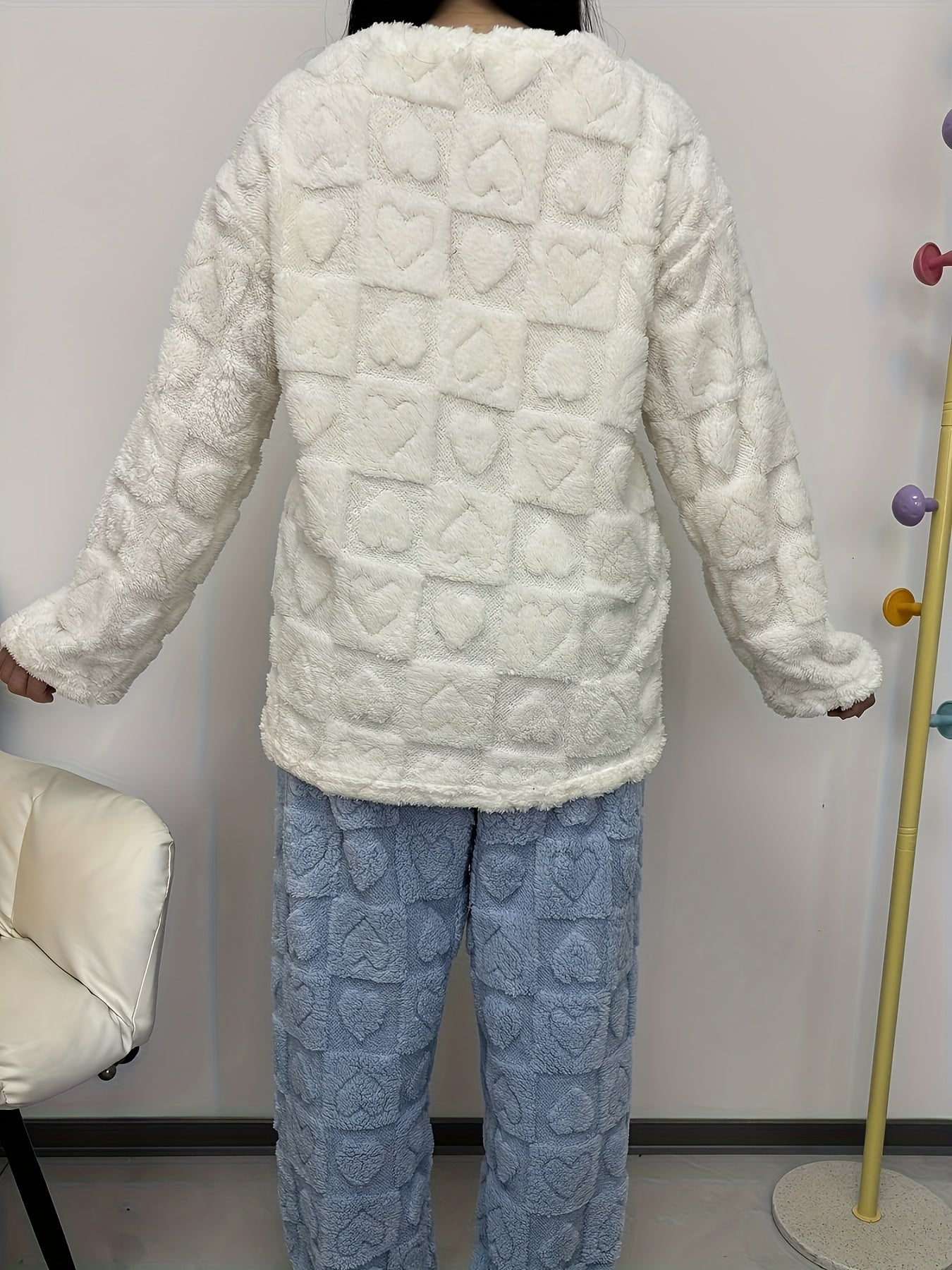 Pyjama Femme Doux Bicolore Motif Cœurs avec Poche Poitrine