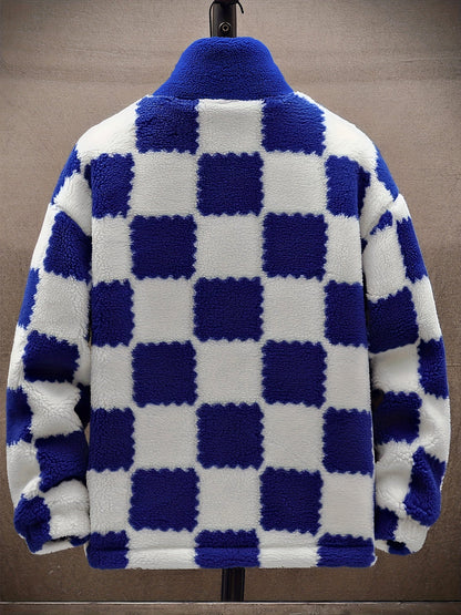 Veste Polaire Homme à Carreaux Bicolores Douce Col Montant Fermeture Éclair