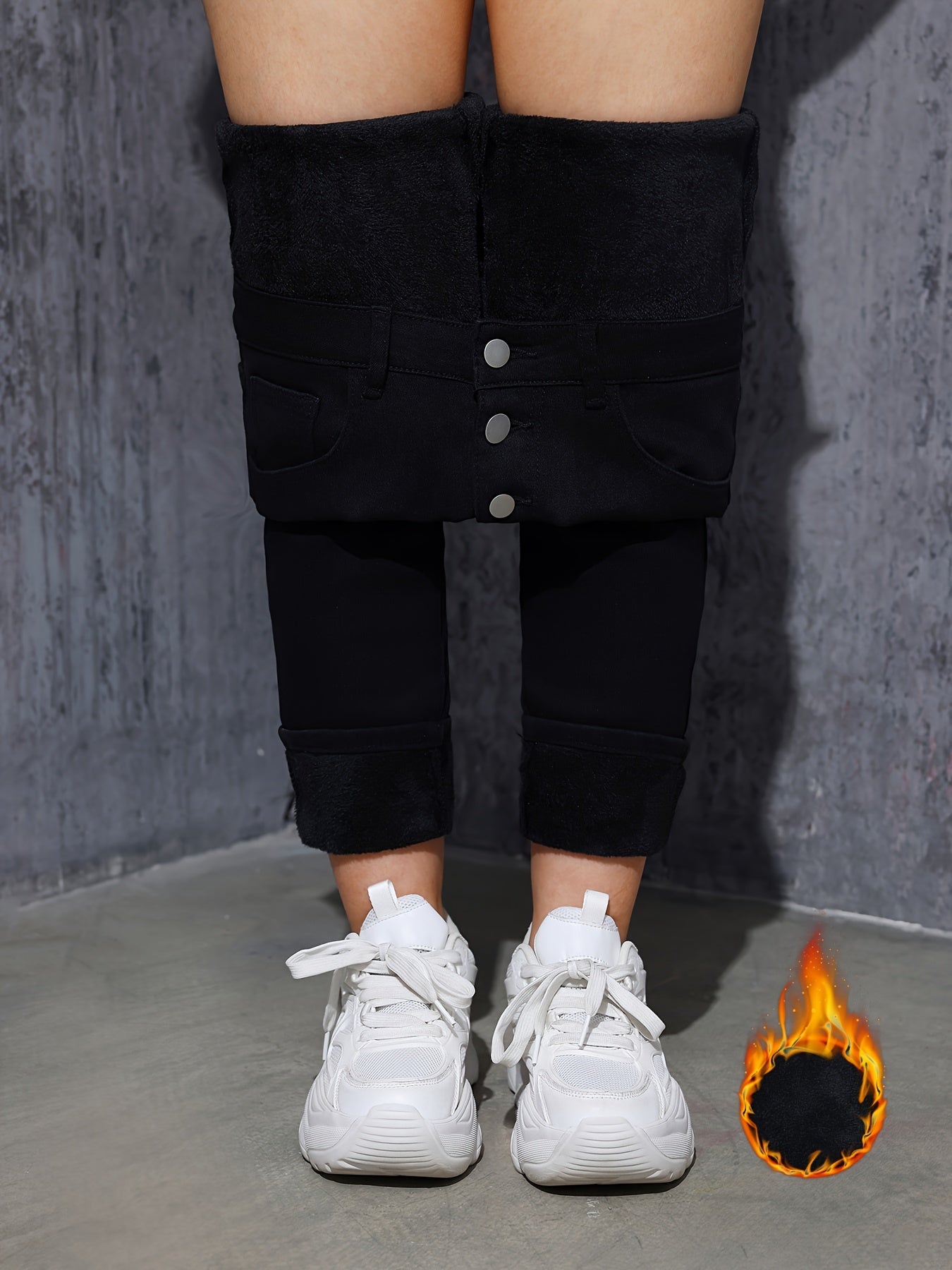 Jean Skinny Femme Noir Taille Haute à Boutons Doublé Chaud