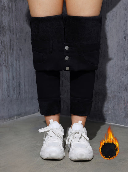 Jean Skinny Femme Noir Taille Haute à Boutons Doublé Chaud