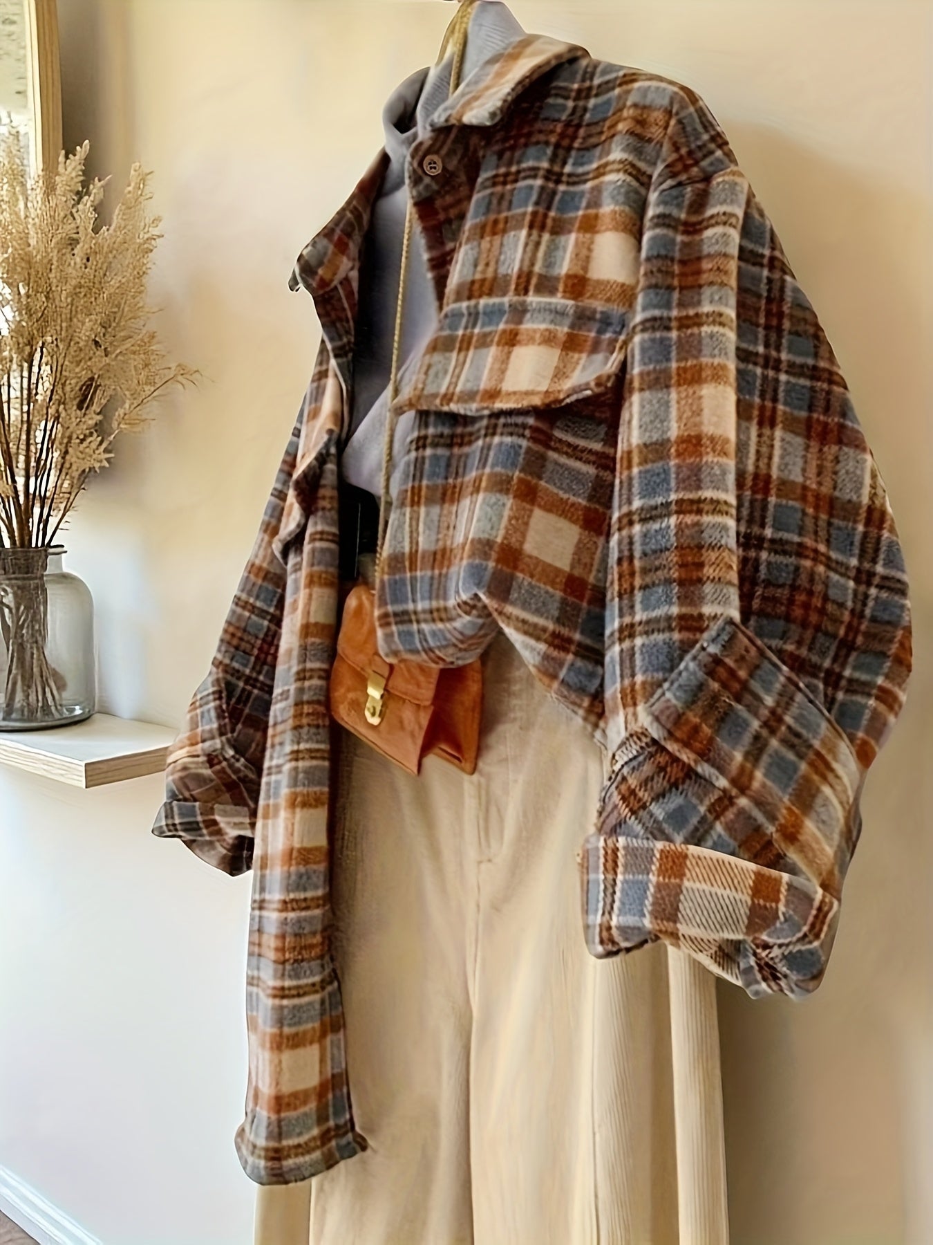 Surchemise à carreaux oversize Femme marron beige bleue décontractée