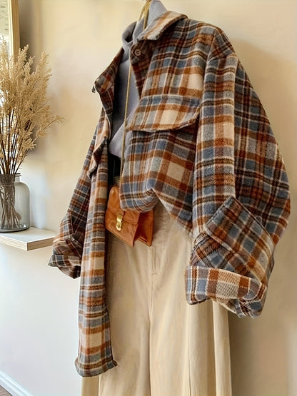 Surchemise à carreaux oversize Femme marron beige bleue décontractée