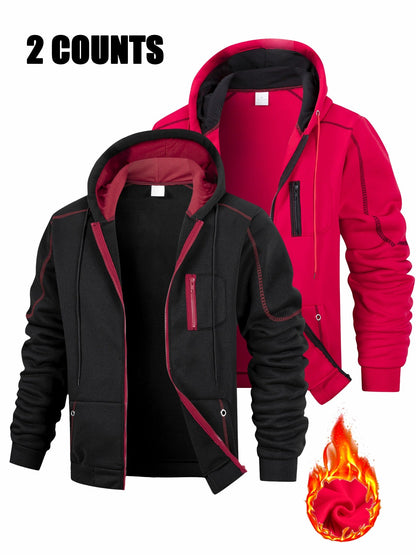 Lot de 2 Hoodies Homme Zippés Bicolores Chauds avec Capuche et Poches